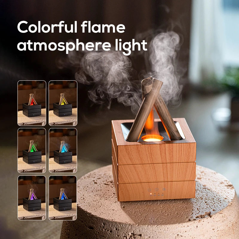 Home campfire aroma diffuser 280ml, desktop USB air spray humidifier remote control colorful flame lamp essential oil diffuser.