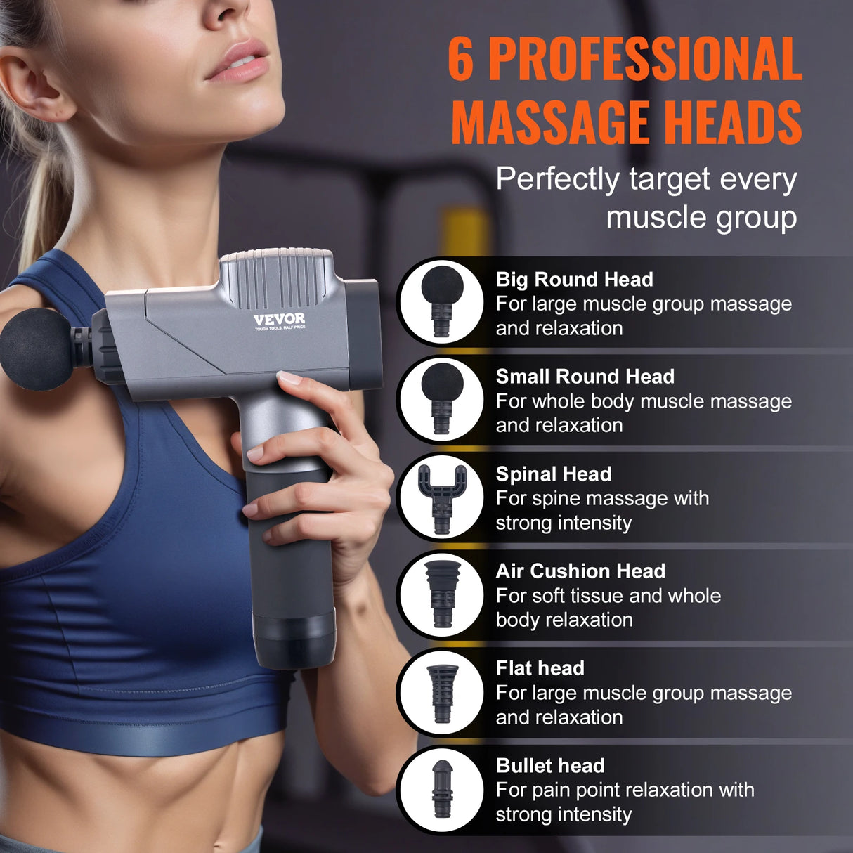 Massage Gun Deep Tissue Percussion Muscle Massager for Athletes w/ 8 Speed Levels 6 Massage Heads 16V 2500mAh Batteries