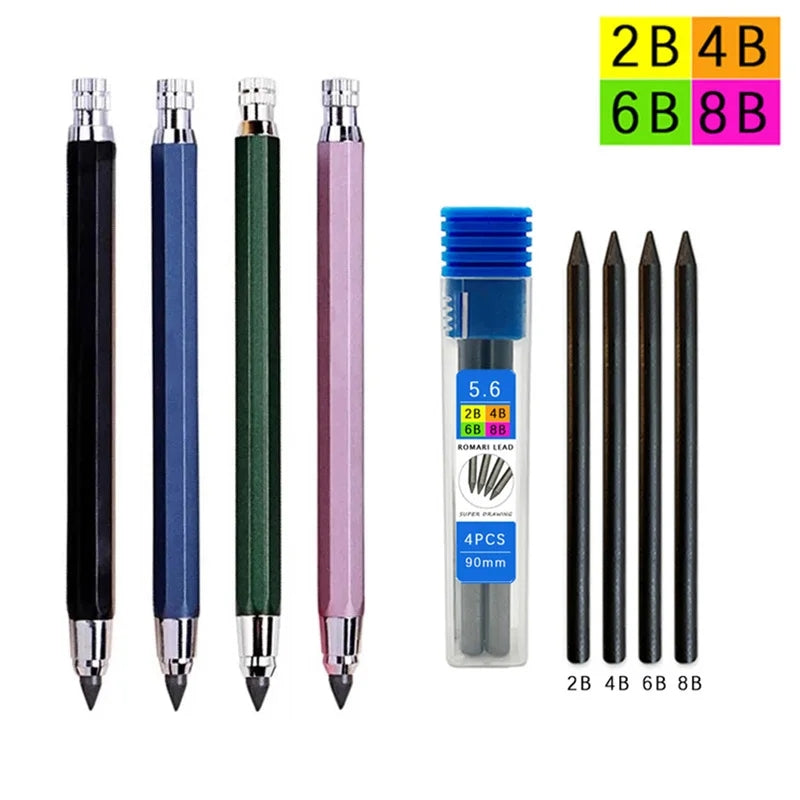 Metal Drawing Pencil with 2B 4B 6B 8B Leads Set Professional Art Sketch Mechanical Pencil Kawaii Stationery(1Pencil+1Lead) 5.6mm