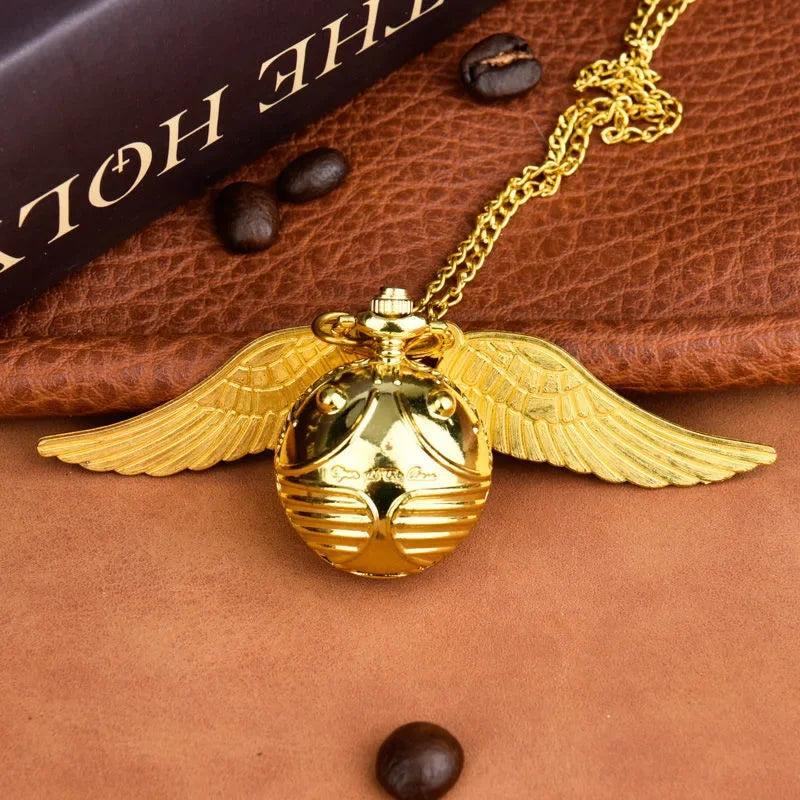 Harry Potter Peripheral Pocket Watch Necklace - Golden Snitch Retro Flip Lid Big Wings Pendant Commemorative Watch