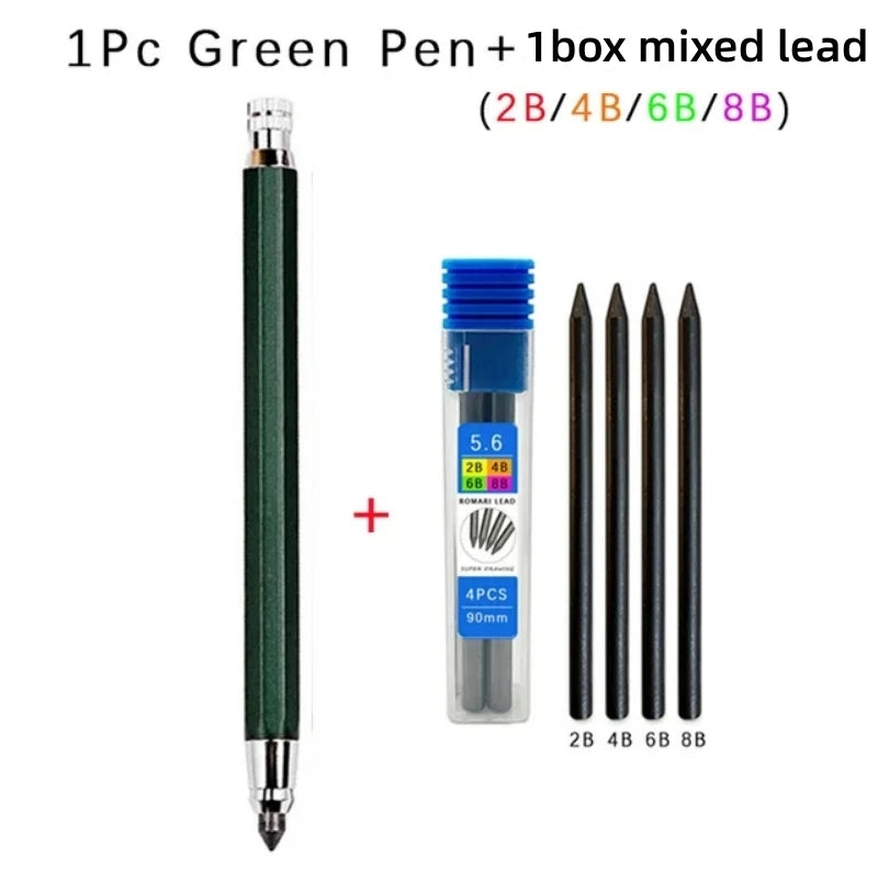Metal Drawing Pencil with 2B 4B 6B 8B Leads Set Professional Art Sketch Mechanical Pencil Kawaii Stationery(1Pencil+1Lead) 5.6mm
