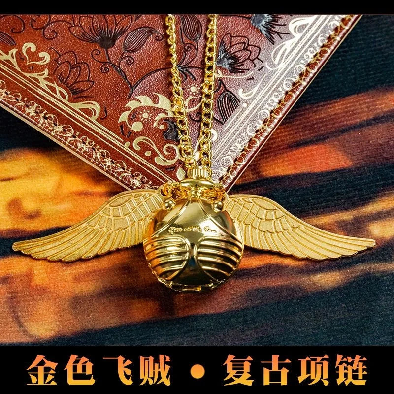 Harry Potter Peripheral Pocket Watch Necklace - Golden Snitch Retro Flip Lid Big Wings Pendant Commemorative Watch