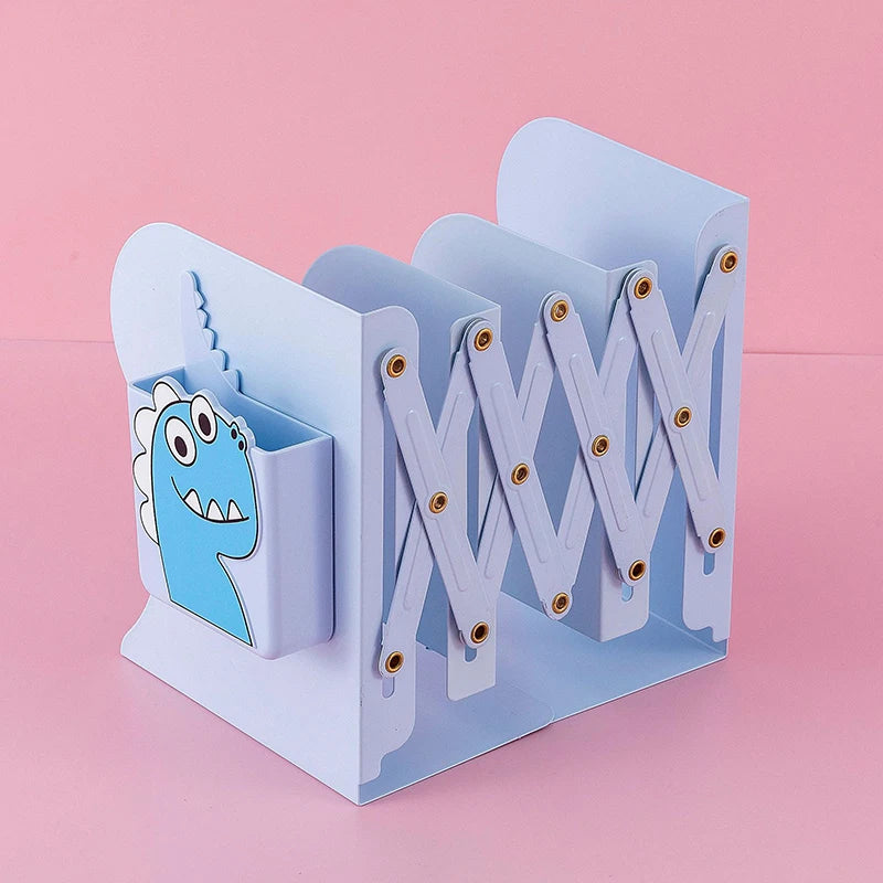 Adjustable Metal Bookends Desk Book Storage Stretch Book Holder With Pen Holder Office Supplies For Desktop Organization