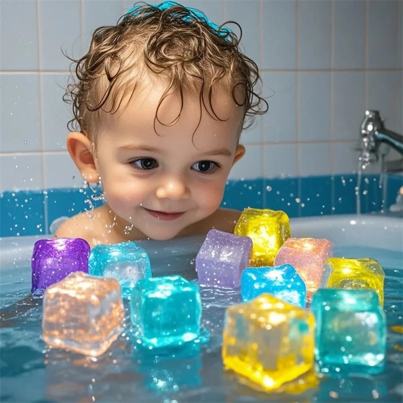 6/12PCS Kids Bath Toy Simulation Ice Cube Liquid Water Sensor Reusable Glowing Flashing Ice Cube for Bathtub, Swimming Pool