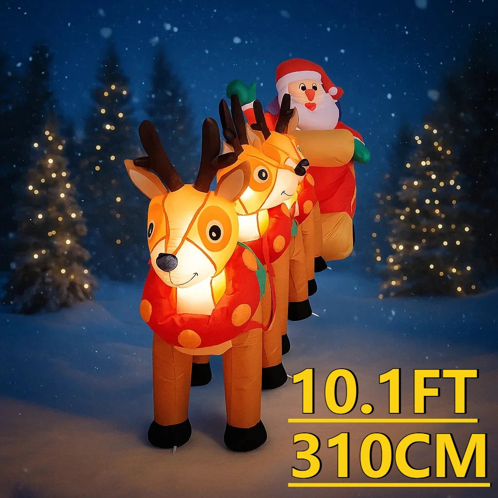 10.1FT LED Inflatable Christmas Yard Decor Santa Sleigh 3 Reindeer Xmas Supplies Decoration Ornaments Toy Gifts Holiday Decor