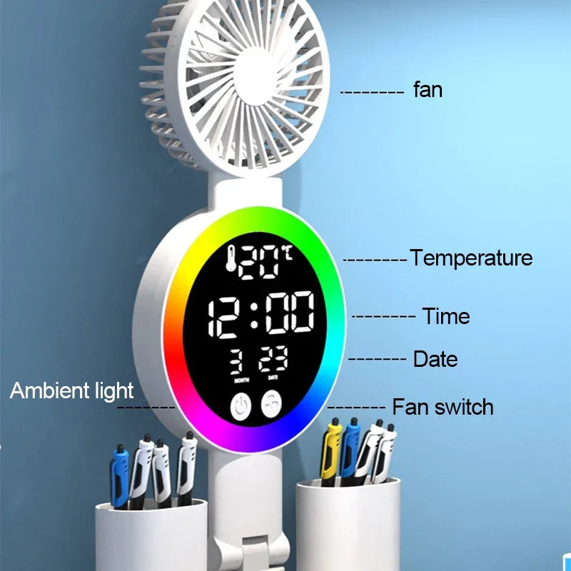 Rechargeable LED Desk Lamp with Fan & Digital Clock