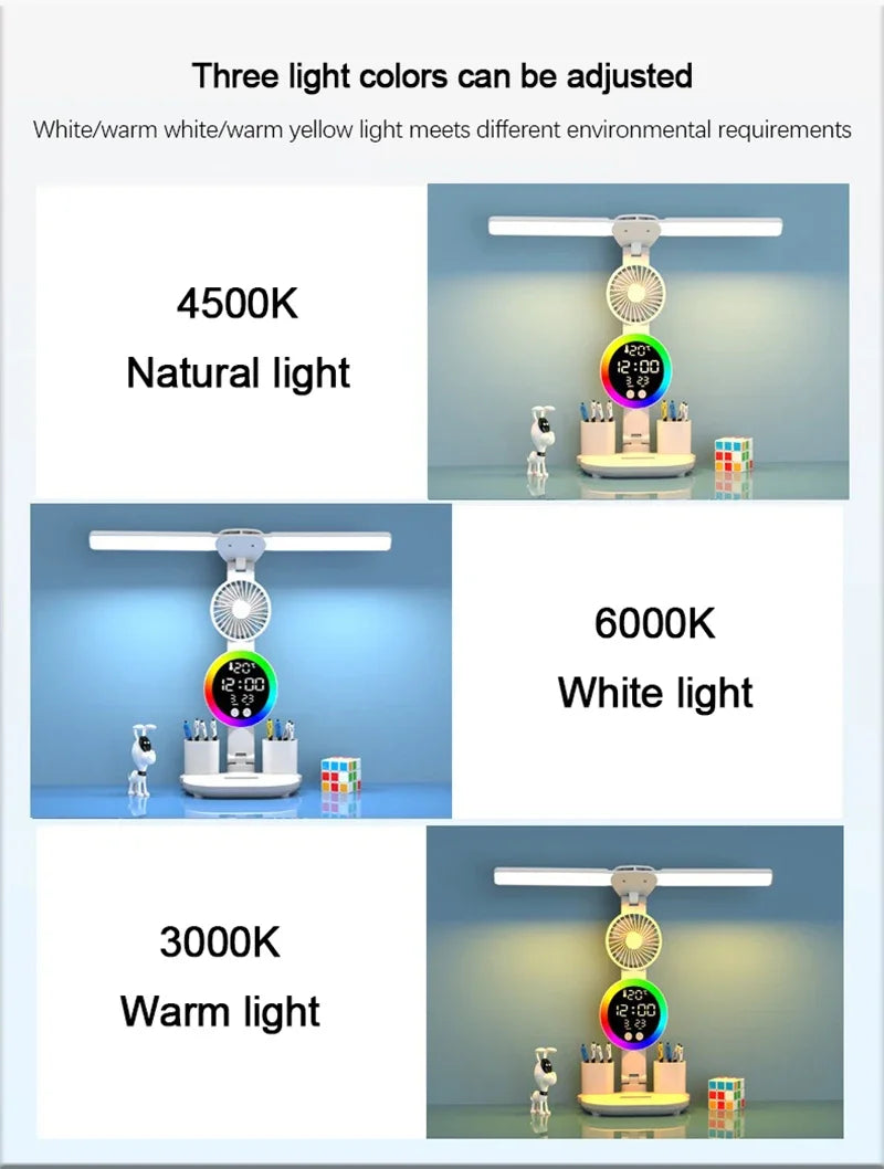 Rechargeable LED Desk Lamp with Fan & Digital Clock
