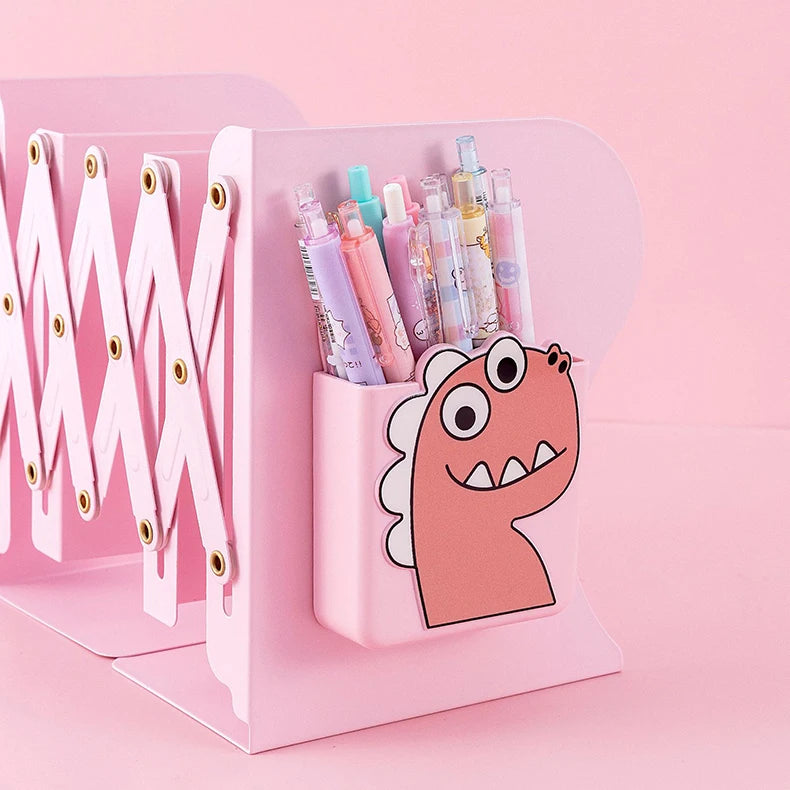 Adjustable Metal Bookends Desk Book Storage Stretch Book Holder With Pen Holder Office Supplies For Desktop Organization