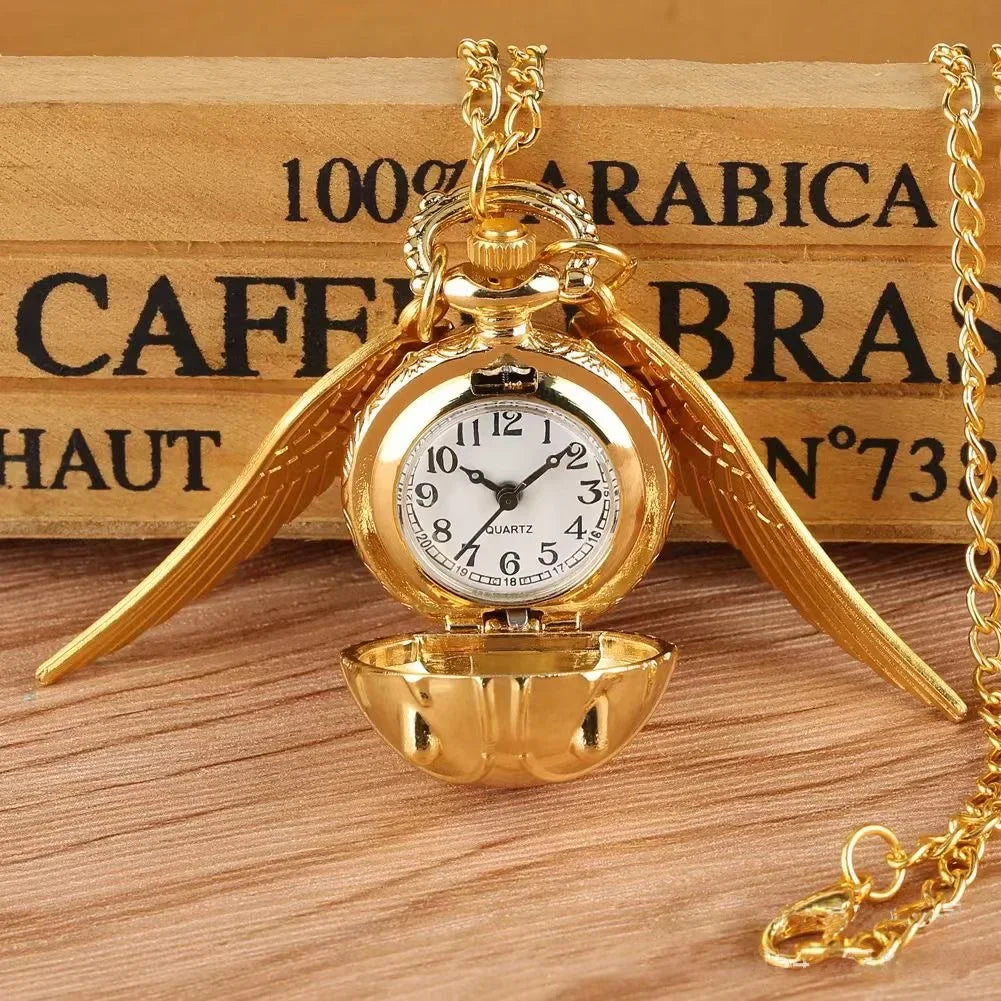 Harry Potter Peripheral Pocket Watch Necklace - Golden Snitch Retro Flip Lid Big Wings Pendant Commemorative Watch