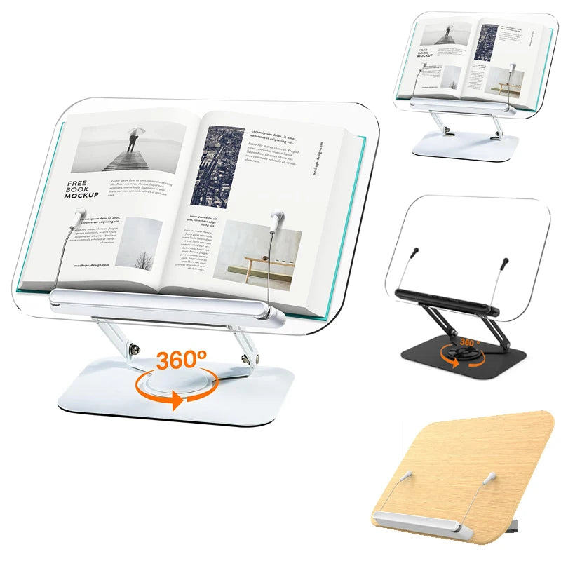 Book Stand for Reading, Adjustable Book Holder with 360° Swivel Base Foldable Stand Recipe Book Holder with Elastic Page Clips