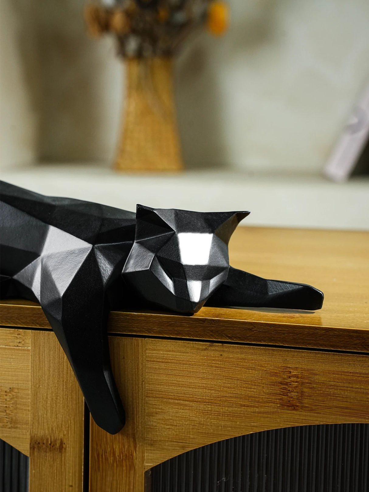 White Black Cat Statue - Geometric Modern Room Decor Figurine Sculpture for Home Office as Table Shelf Desk Decor Lying Cat