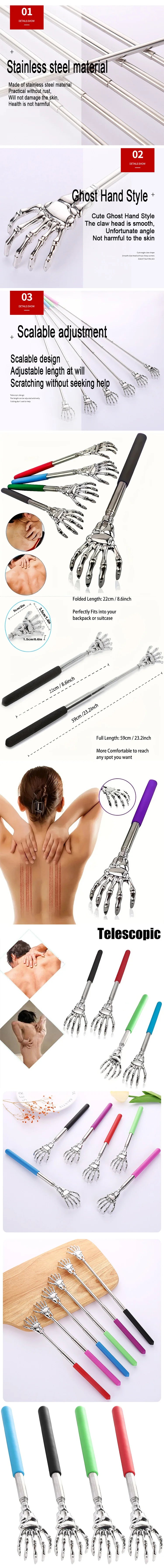 Stainless Steel Adjustable Massage and Tickle Relief Back Portable Rubber Handle Extendable Telescoping Itch Stick Health Care