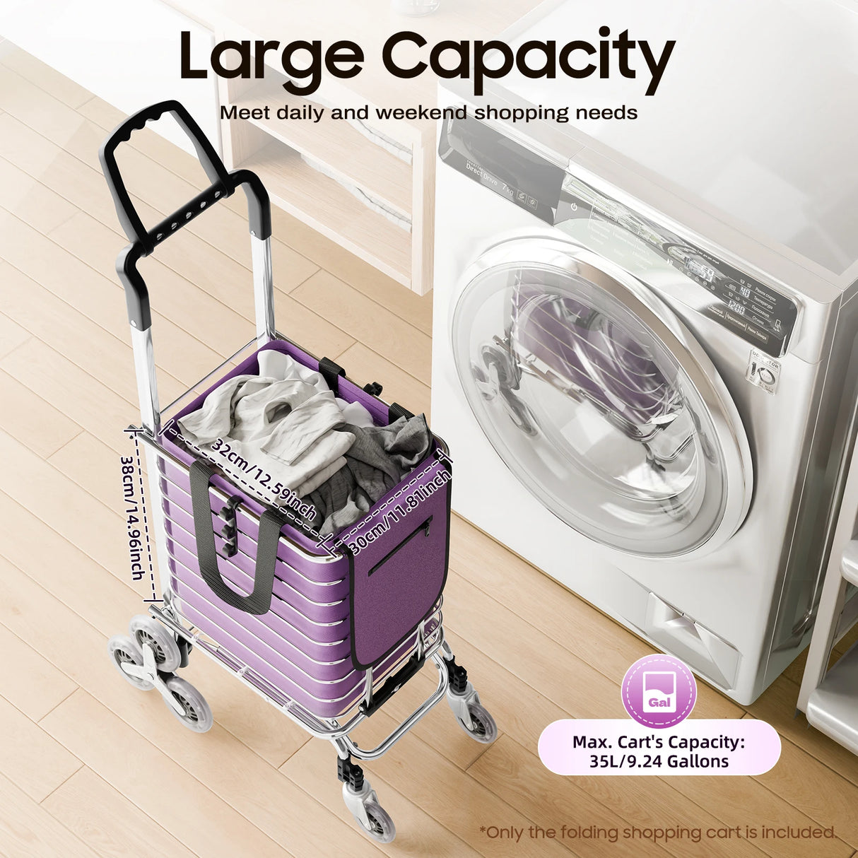 Foldable Shopping Cart with Wheels, 40kg Capacity Portable Grocery Trolley for Supermarket Market Travel Stair Climbing