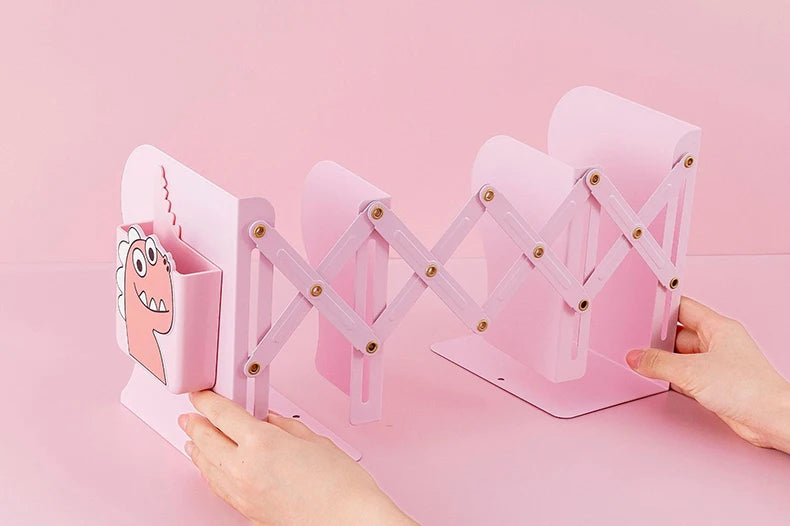 Adjustable Metal Bookends Desk Book Storage Stretch Book Holder With Pen Holder Office Supplies For Desktop Organization