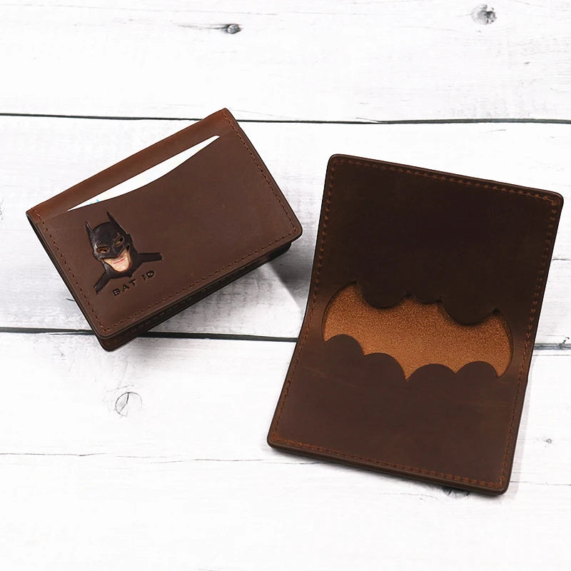 Genuine Leather Bat ID Wallet For Men Short Slim Bifold Card Holder Wallet With Cutout Superhero Mask Face Eyes Gift For Fans