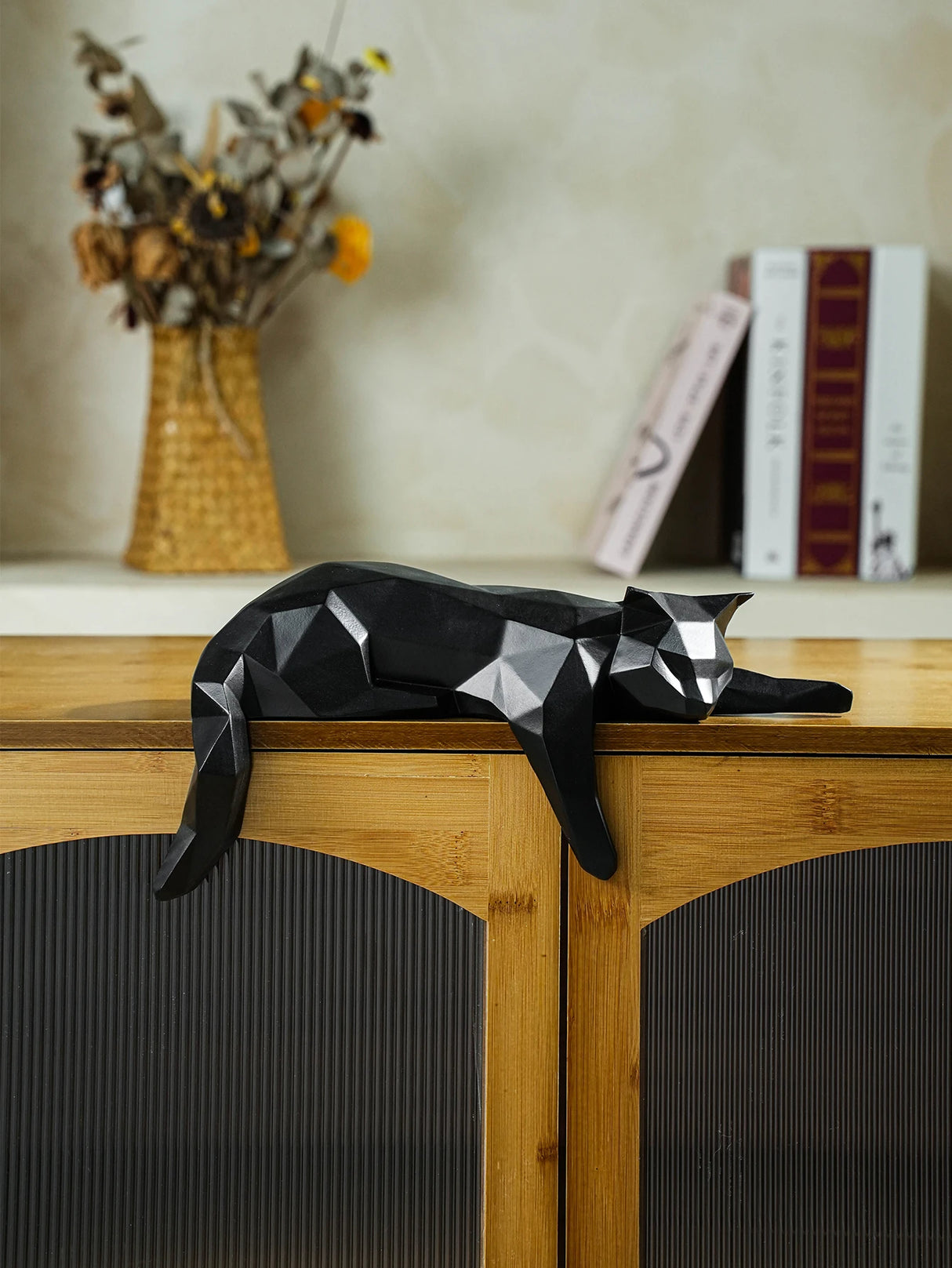White Black Cat Statue - Geometric Modern Room Decor Figurine Sculpture for Home Office as Table Shelf Desk Decor Lying Cat