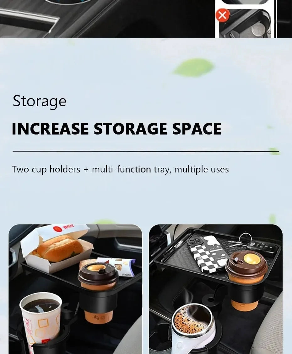 Car Cup Holder Expender Multi-Function Drink Holder with Food Table 360 Degree Adjustable Base Tray for Lunch Snack