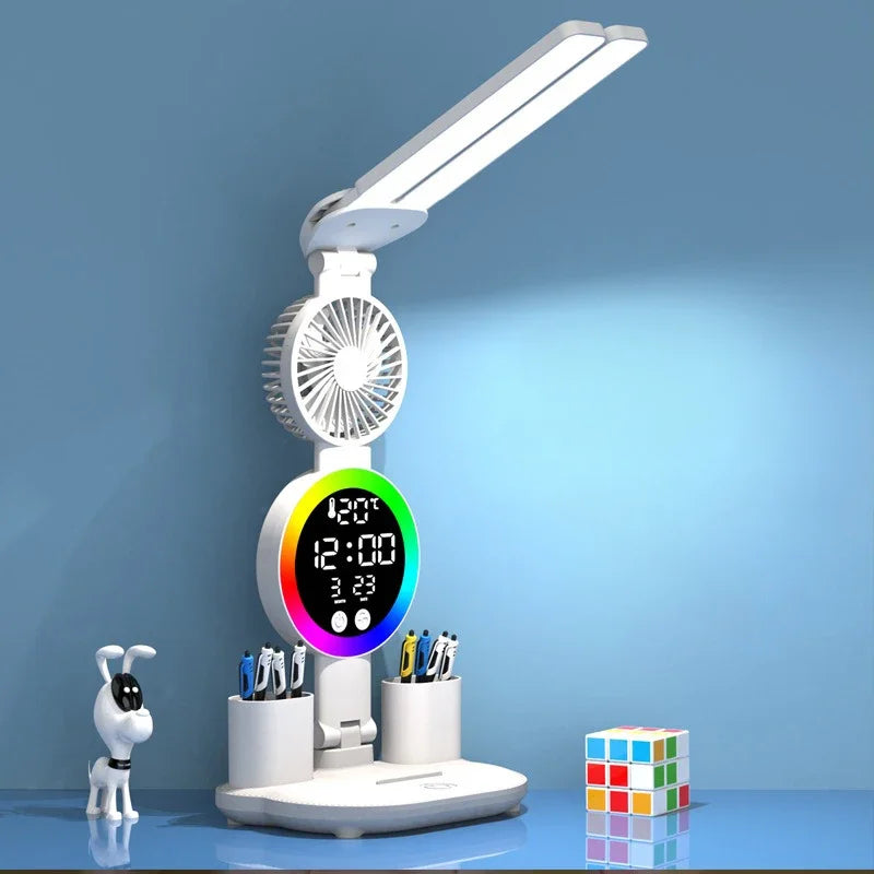 Rechargeable LED Desk Lamp with Fan & Digital Clock