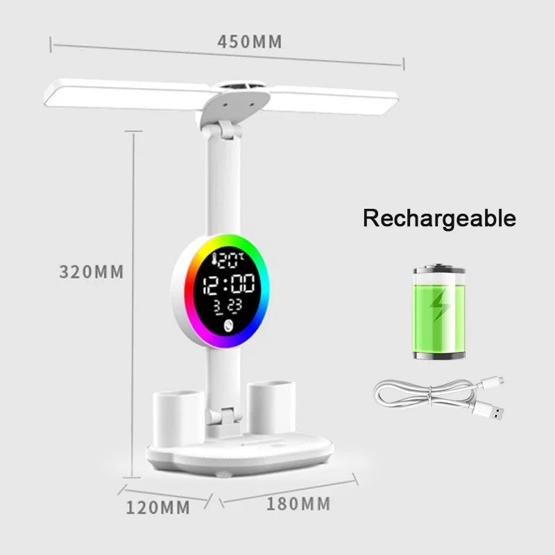 Rechargeable LED Desk Lamp with Fan & Digital Clock