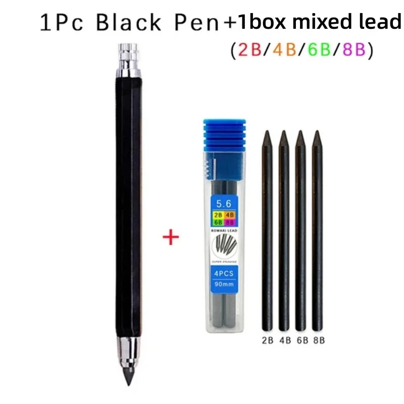 Metal Drawing Pencil with 2B 4B 6B 8B Leads Set Professional Art Sketch Mechanical Pencil Kawaii Stationery(1Pencil+1Lead) 5.6mm
