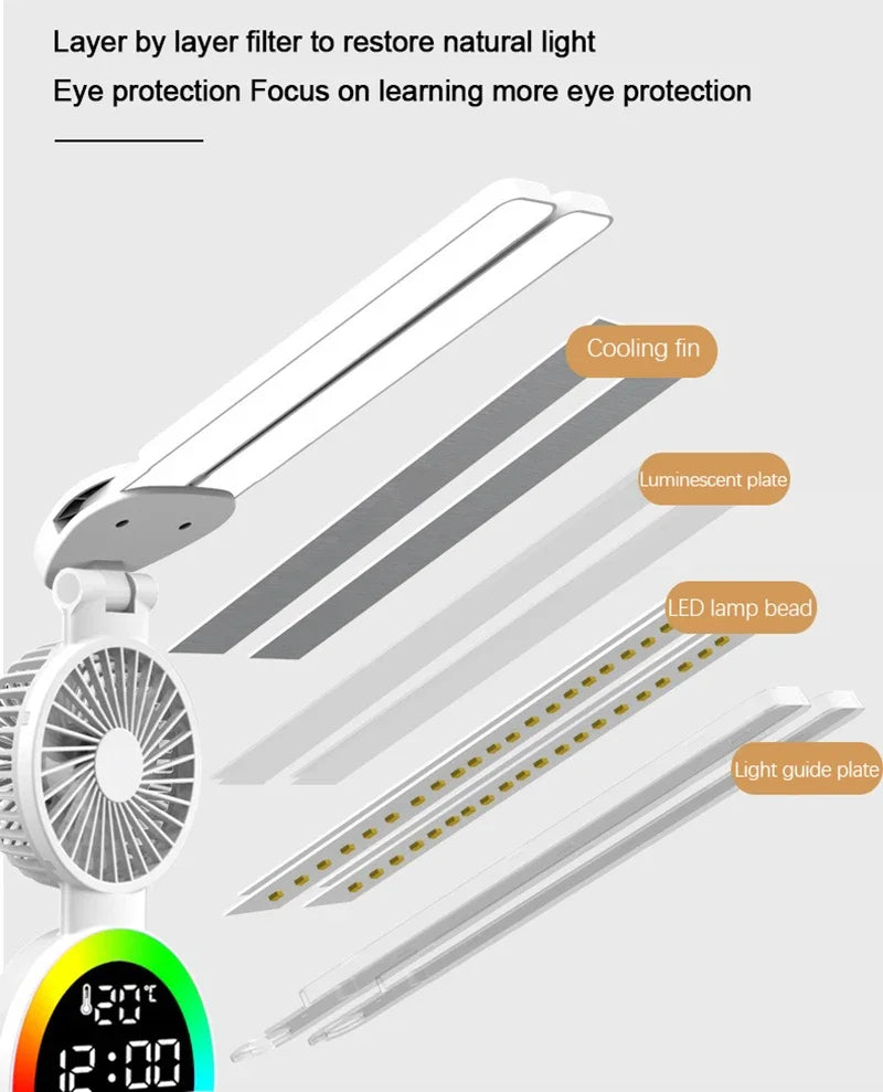 Rechargeable LED Desk Lamp with Fan & Digital Clock