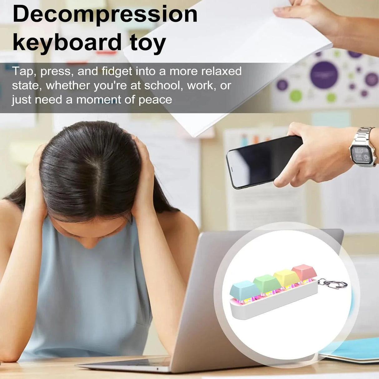 Keyboard Fidget Toy with LED Light Keyboard Fidget Keychain 4-in-1 Keyboard Decompression Button Stress Relief Fidget Gifts