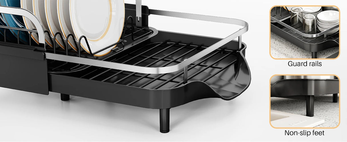 Dish Drying Rack, Expandable Dish Rack for Kitchen Counter, Stainless Steel Dish Drainer with Drainboard Set
