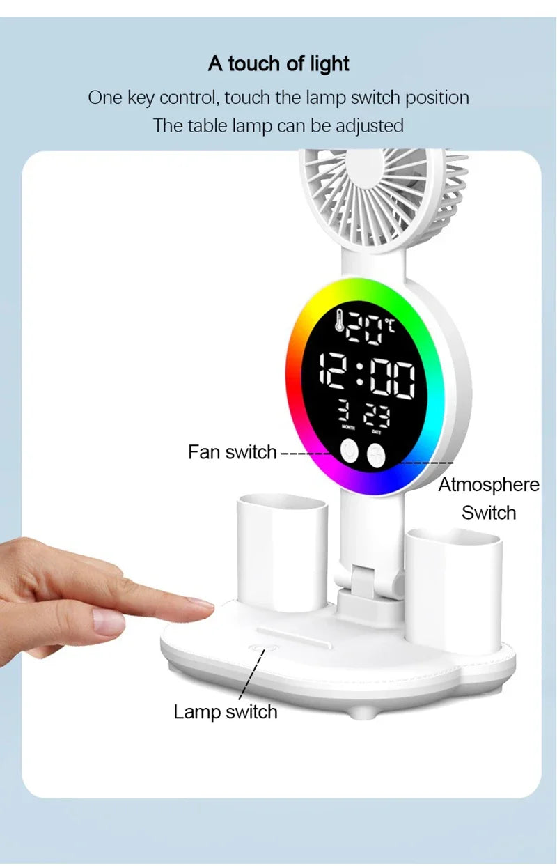 Rechargeable LED Desk Lamp with Fan & Digital Clock