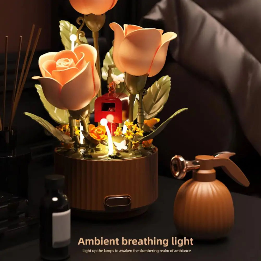 AutoBloom™ Wooden Flower Bouquet Dynamic Arrangement Model Auto-Blooming Petals, Magic Sprayer & Aromatherapy Breathing Lights