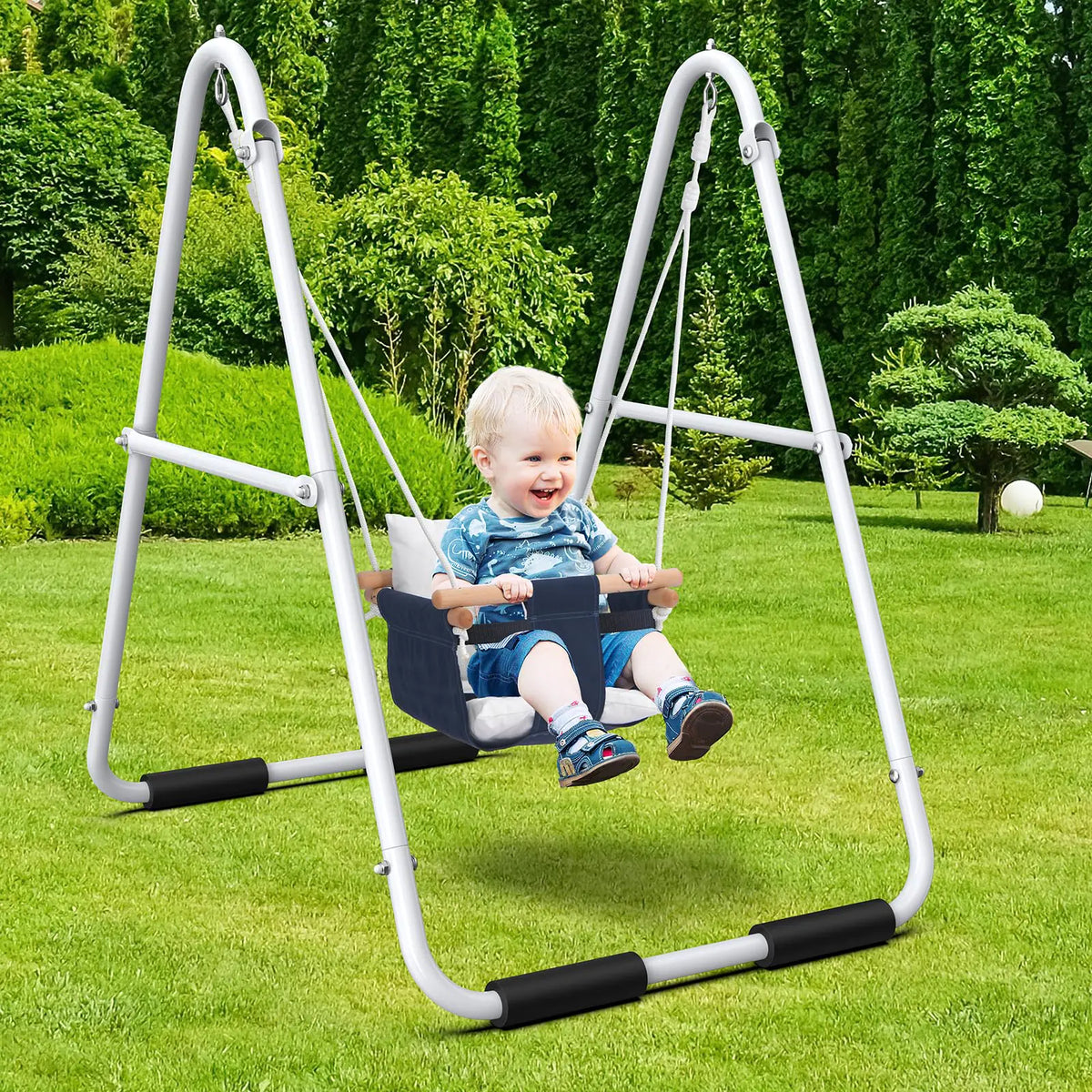 Toddler Swing Baby Swing with Heavy Duty Foldable Stand Indoor Outdoor Swing Set for Aged 1-3 with Canvas Cushion Seat 55lbs Capacity