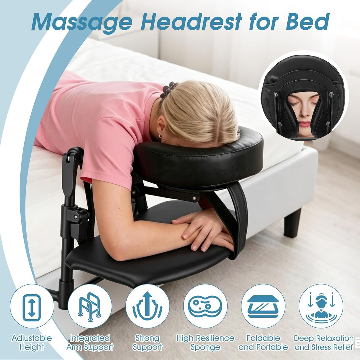 Adjustable Bed Massage Headrest with Face Cushion & Arm Support – Black