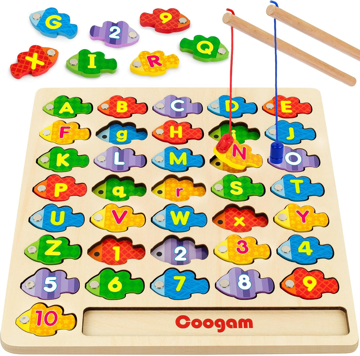 Wooden Magnetic Alphabet & Numbers Fishing Game with 2 Rods
