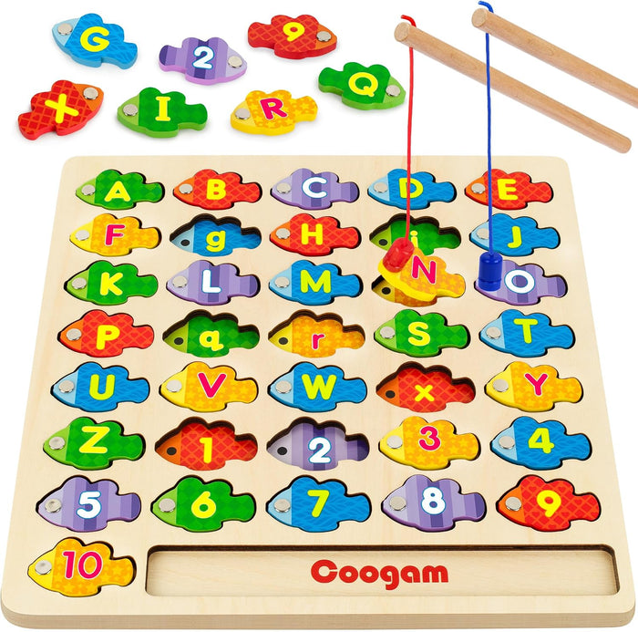 Wooden Magnetic Alphabet & Numbers Fishing Game with 2 Rods
