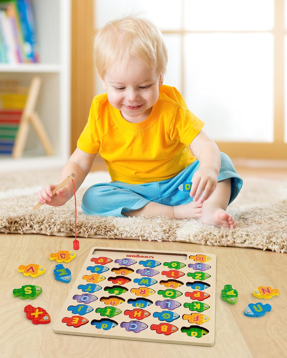 Wooden Magnetic Alphabet & Numbers Fishing Game with 2 Rods