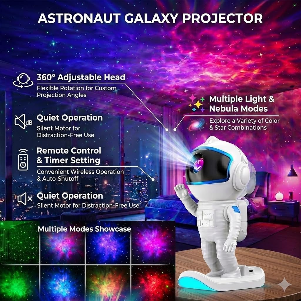 Astronaut Galaxy Projector Night Light – 17 Modes with Remote & Timer