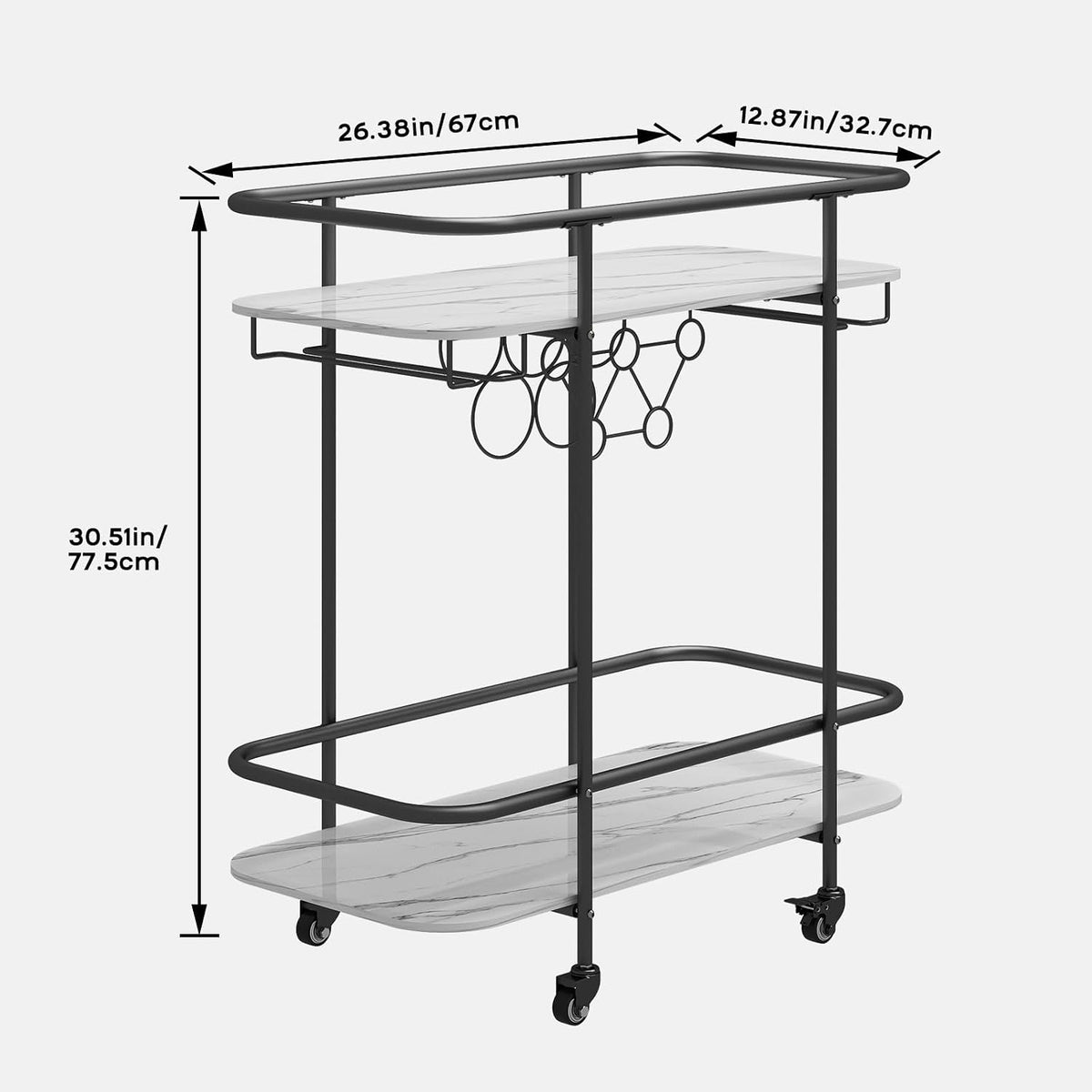 2-Tier Rolling Bar Cart with Wine Rack & Glass Holders