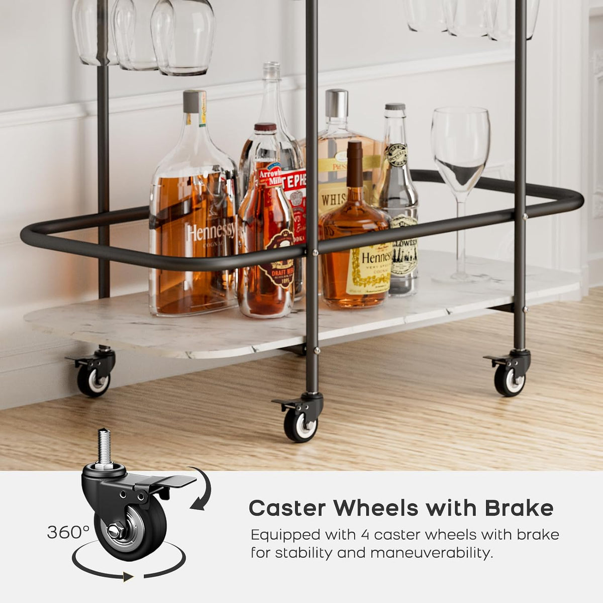 2-Tier Rolling Bar Cart with Wine Rack & Glass Holders