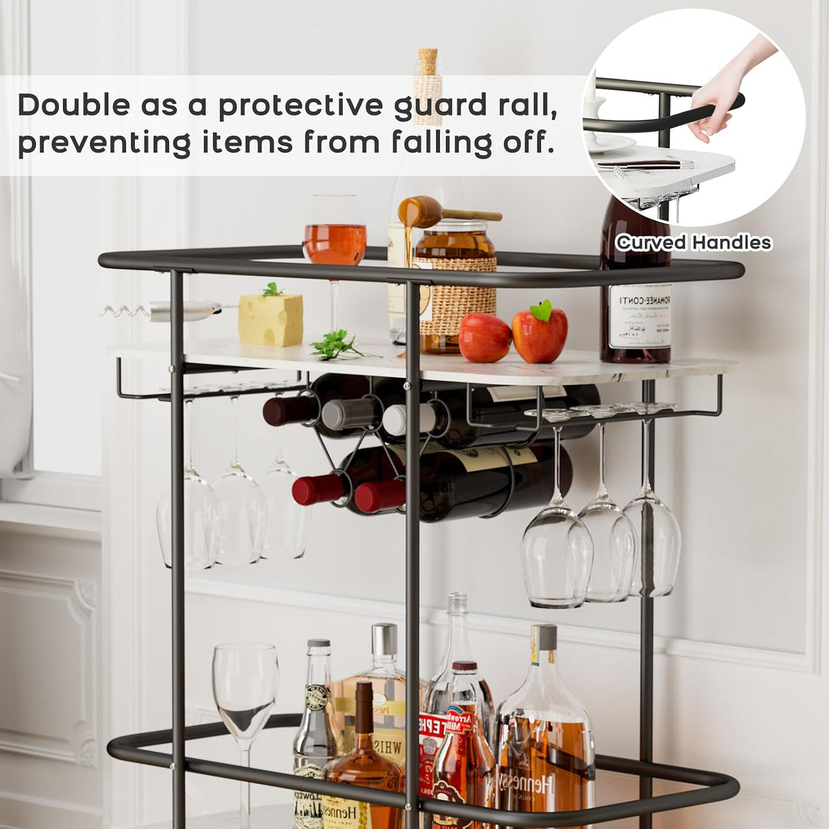 2-Tier Rolling Bar Cart with Wine Rack & Glass Holders
