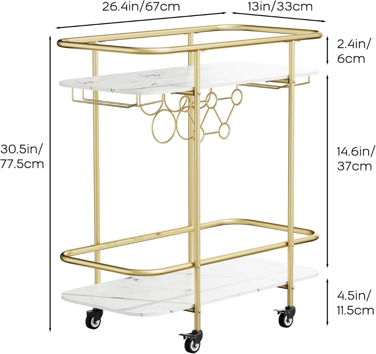 2-Tier Rolling Bar Cart with Wine Rack & Glass Holders