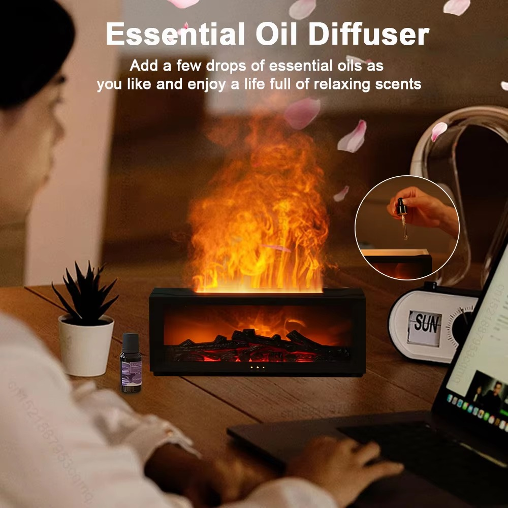 Flame Fireplace Aroma Diffuser, Essential Oils Humidifier With LED Light & Remote Control