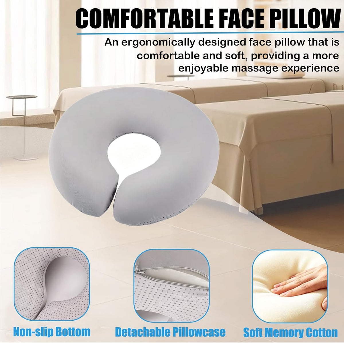 Freestanding Adjustable Massage Headrest with Face Cushion & Armrest Tray – Grey