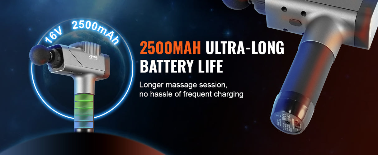 Massage Gun Deep Tissue Percussion Muscle Massager for Athletes w/ 8 Speed Levels 6 Massage Heads 16V 2500mAh Batteries