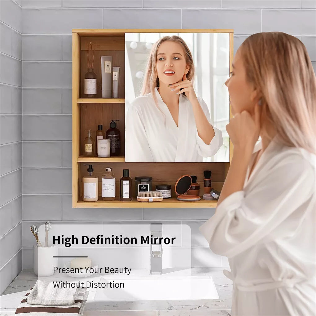 Wall Medicine Cabinet Natural Bamboo Bathroom Vanity Mirror 5 Open Storage Shelf
