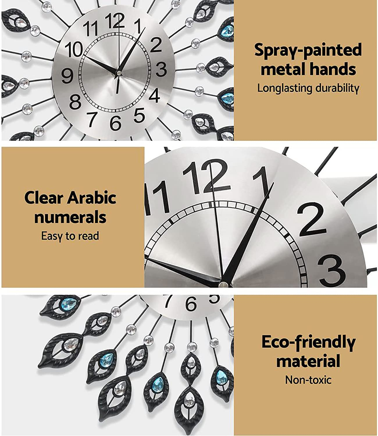 Peacock Wall Clock Large 3D Modern Crystal Luxury round Clocks Home Decor 60Cm