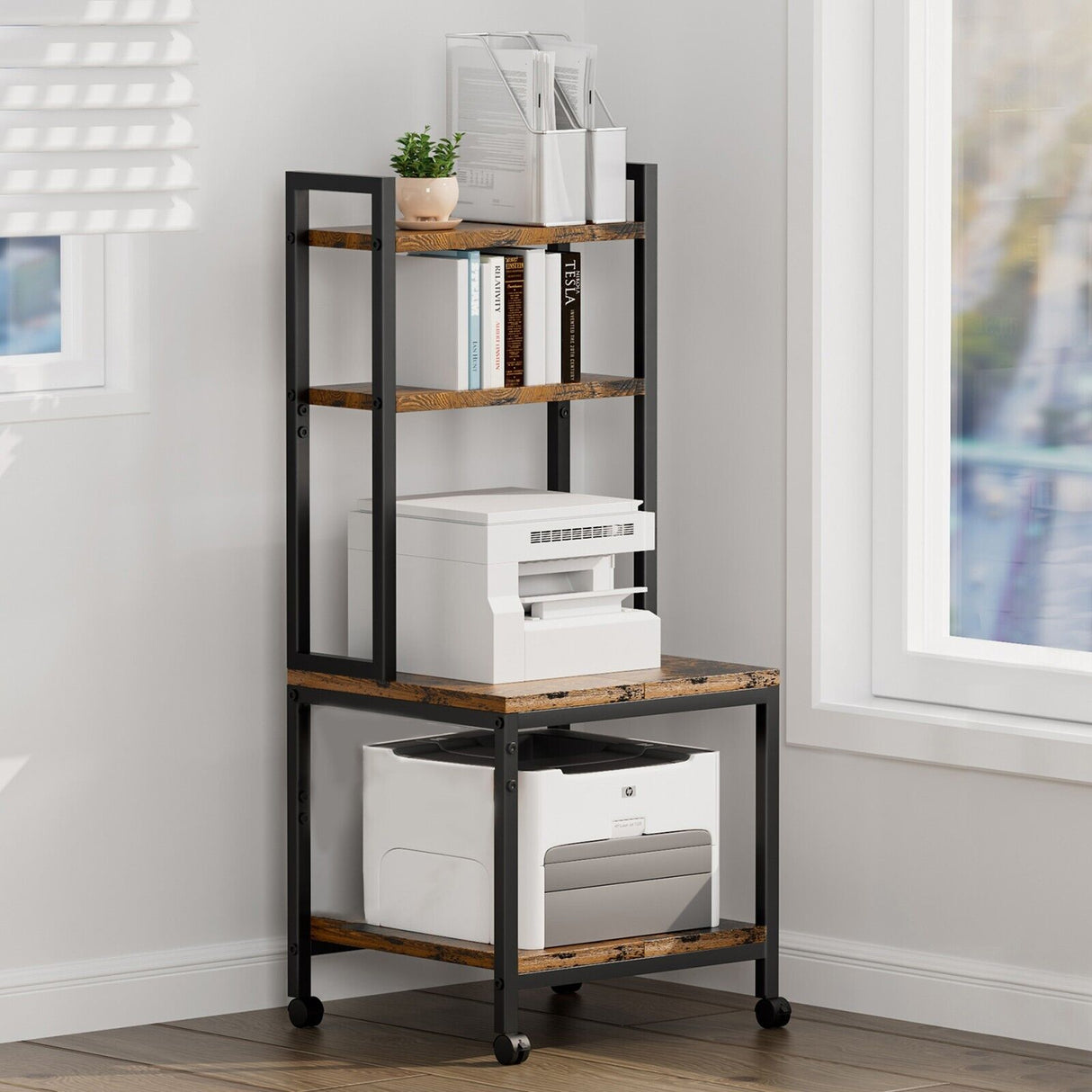 4 Tier Wooden Metal Desk Printer Stand Laptop with wheels Shelves Frame Storage