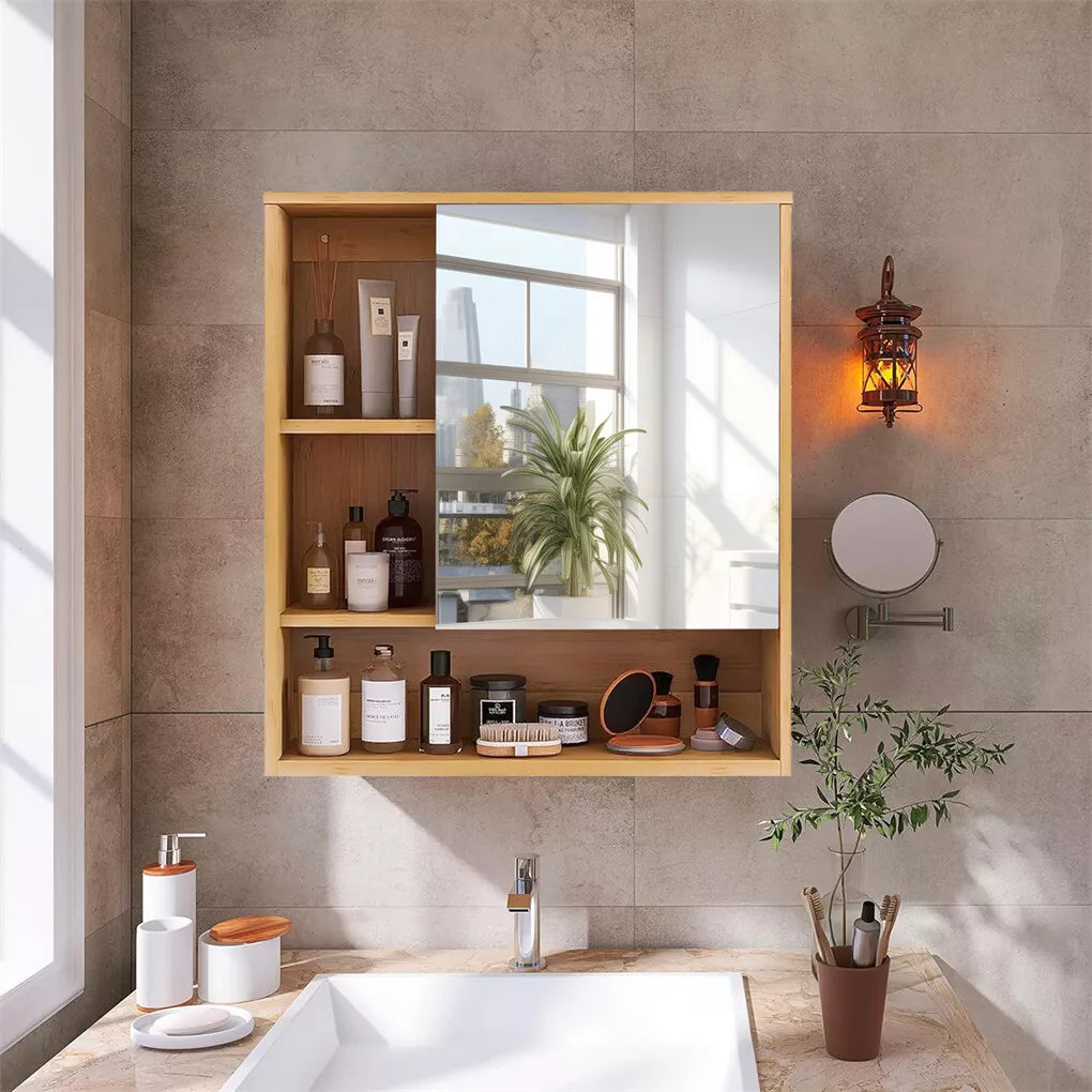 Wall Medicine Cabinet Natural Bamboo Bathroom Vanity Mirror 5 Open Storage Shelf