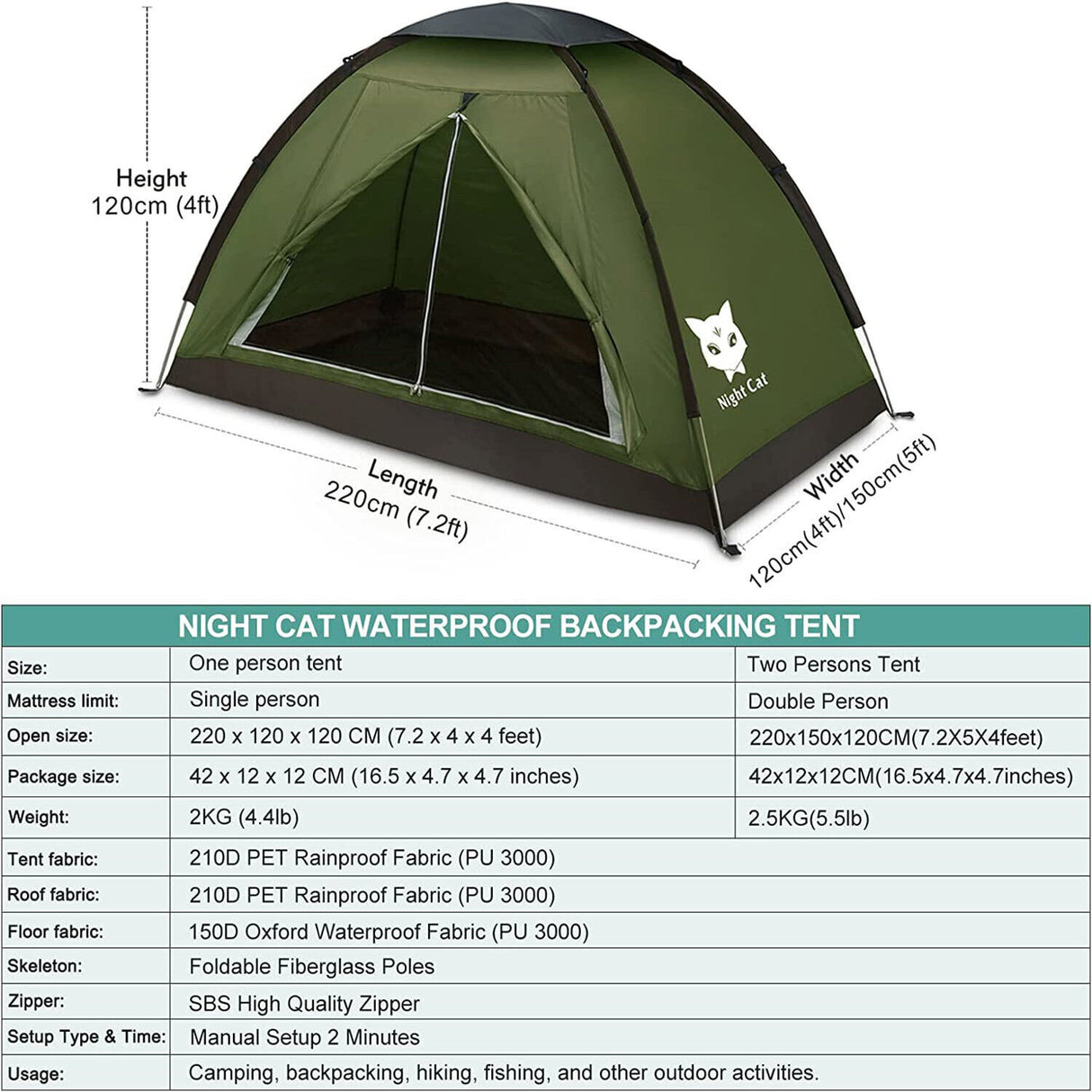 Night Cat Backpacking Tent for One 1 to 2 Persons Lightweight Waterproof Camping Hiking Tent for Adults Kids Scouts Easy Setup Single Layer 2.2x1.2m