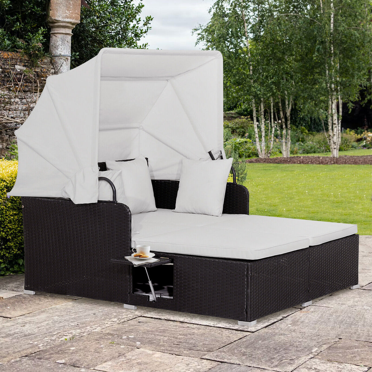 Outdoor Rattan Daybed Sunbed Wicker Furniture Retractable Canopy Patio Sofa Set