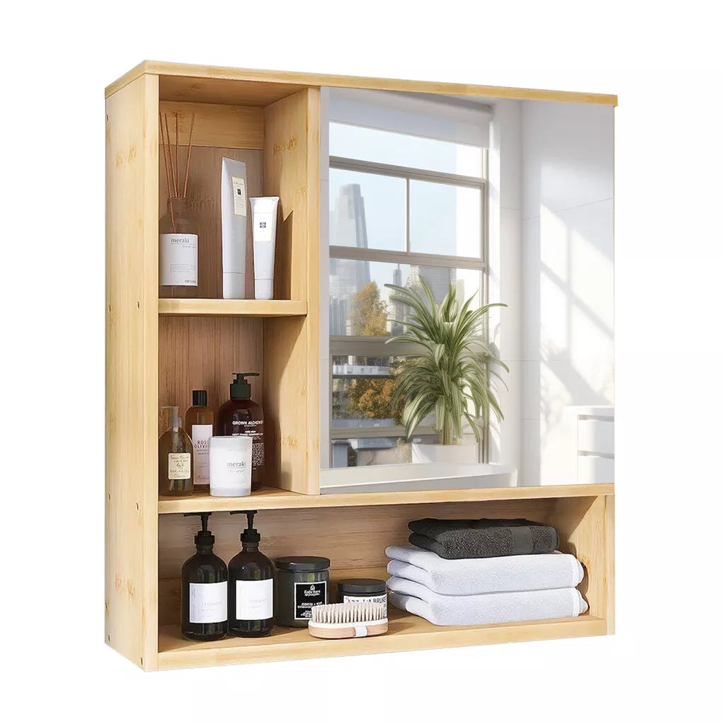 Wall Medicine Cabinet Natural Bamboo Bathroom Vanity Mirror 5 Open Storage Shelf