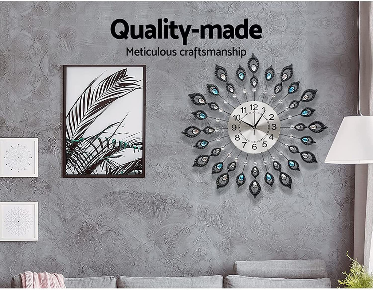Peacock Wall Clock Large 3D Modern Crystal Luxury round Clocks Home Decor 60Cm